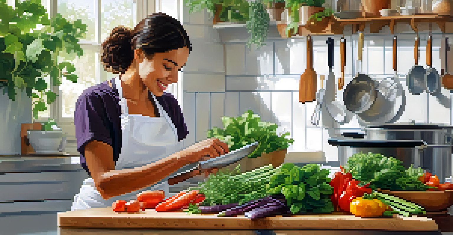 A person joyfully preparing a vegan dish in a bright kitchen, chopping colorful vegetables with fresh herbs around.