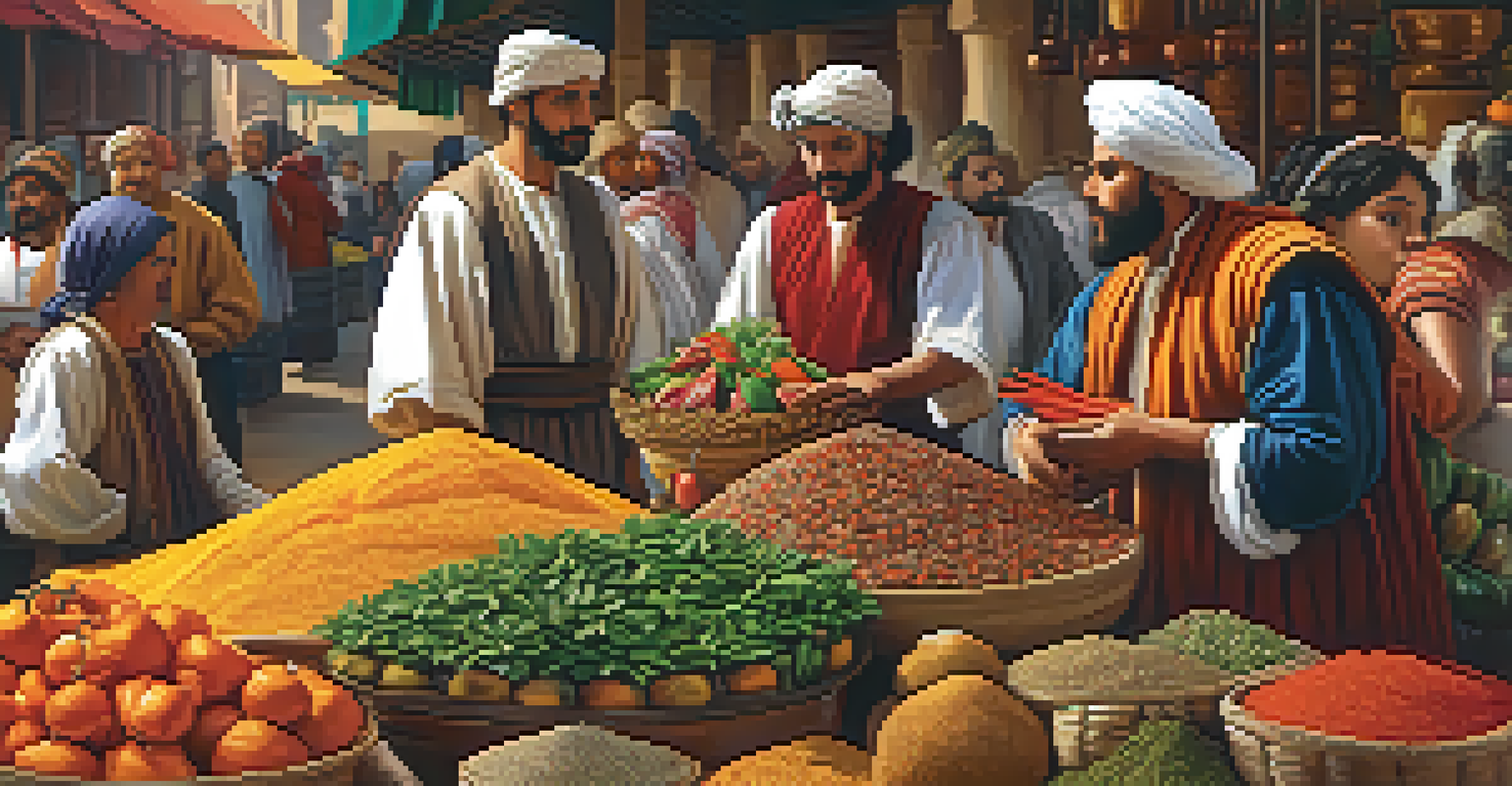 A bustling Renaissance market with merchants selling spices and fresh produce, capturing the vibrancy of the era.