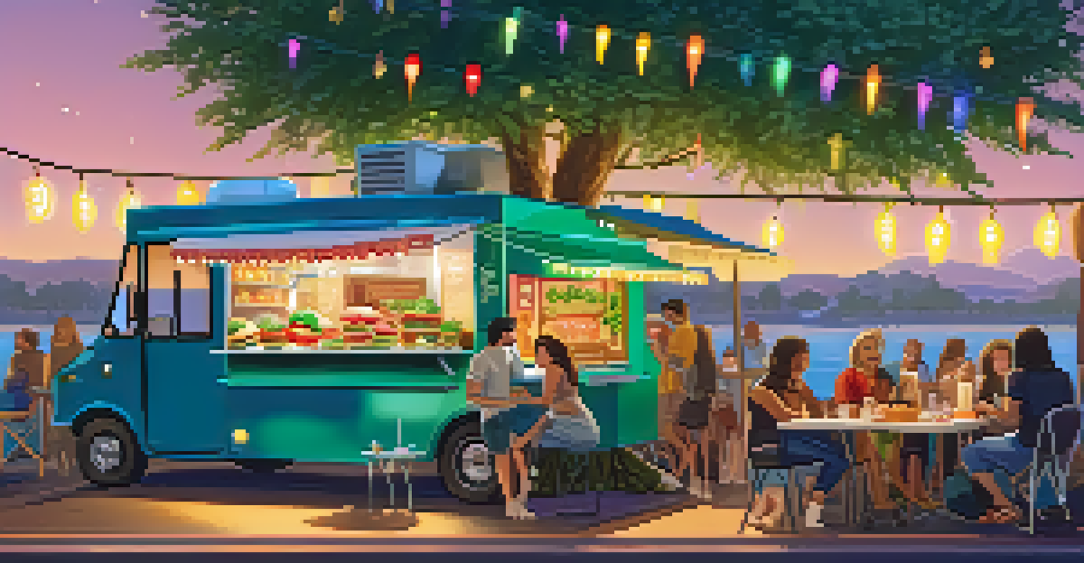 A cozy vegan food truck under a tree at a festival, with a menu board and happy customers, surrounded by colorful decorations and twinkling lights.