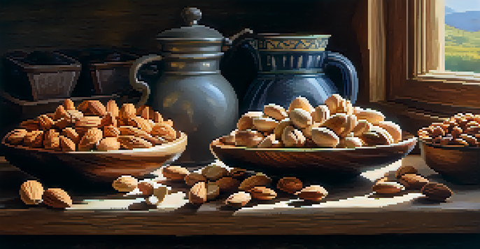 A rustic kitchen countertop displaying various nuts in wooden bowls, with fresh fruits and grains, illuminated by warm sunlight.
