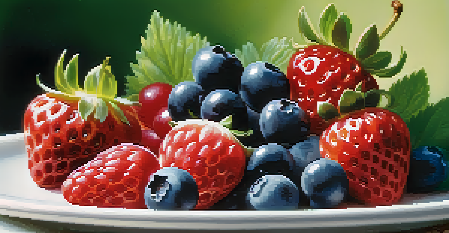A plate filled with fresh berries, beautifully arranged with green foliage in the background.