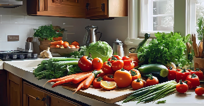 A kitchen countertop filled with fresh vegetables and herbs, with high-quality knives and a wooden cutting board.