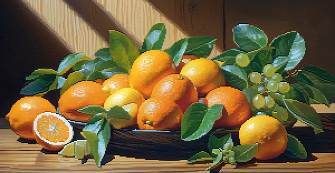 A still life of assorted citrus fruits like oranges, lemons, and grapefruits on a wooden table, illuminated by sunlight, with mint leaves nearby.