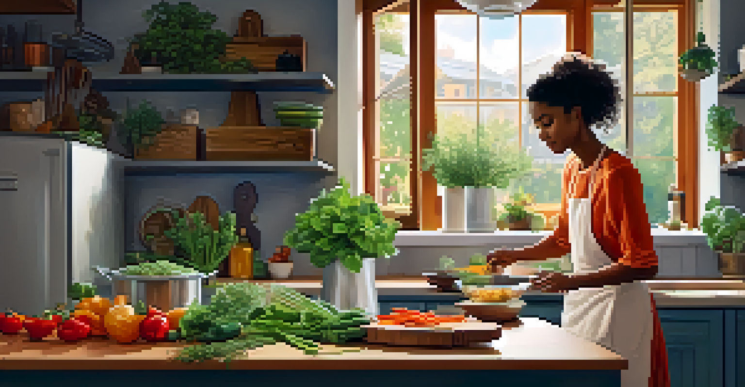 A person cooking in a cozy kitchen, surrounded by fresh vegetables and herbs, showcasing plant-based cooking.