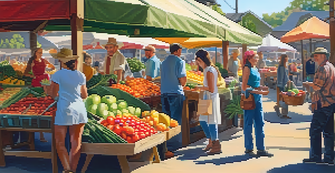 A lively farmer's market filled with colorful fruits and vegetables, people interacting and enjoying the day under bright sunlight.