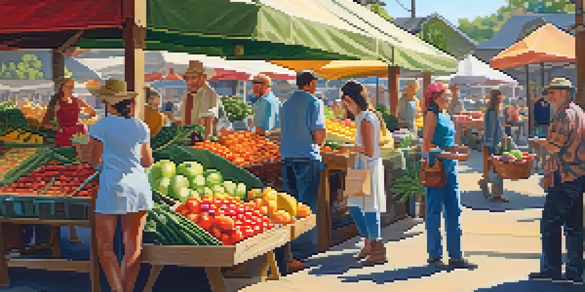 A lively farmer's market filled with colorful fruits and vegetables, people interacting and enjoying the day under bright sunlight.