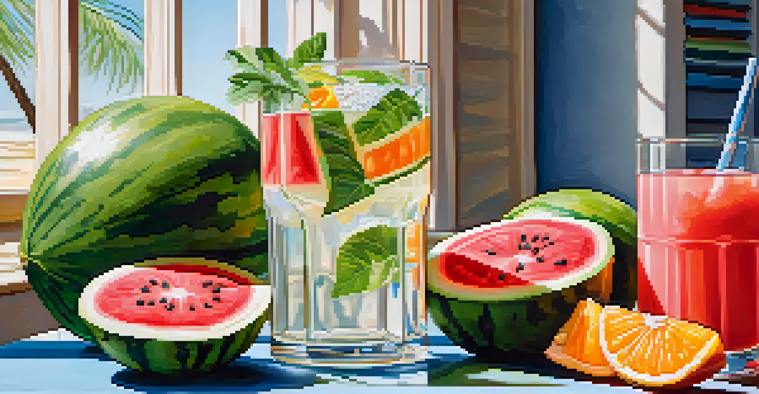 A glass of coconut water with slices of watermelon and oranges on a sunny table, emphasizing hydration.
