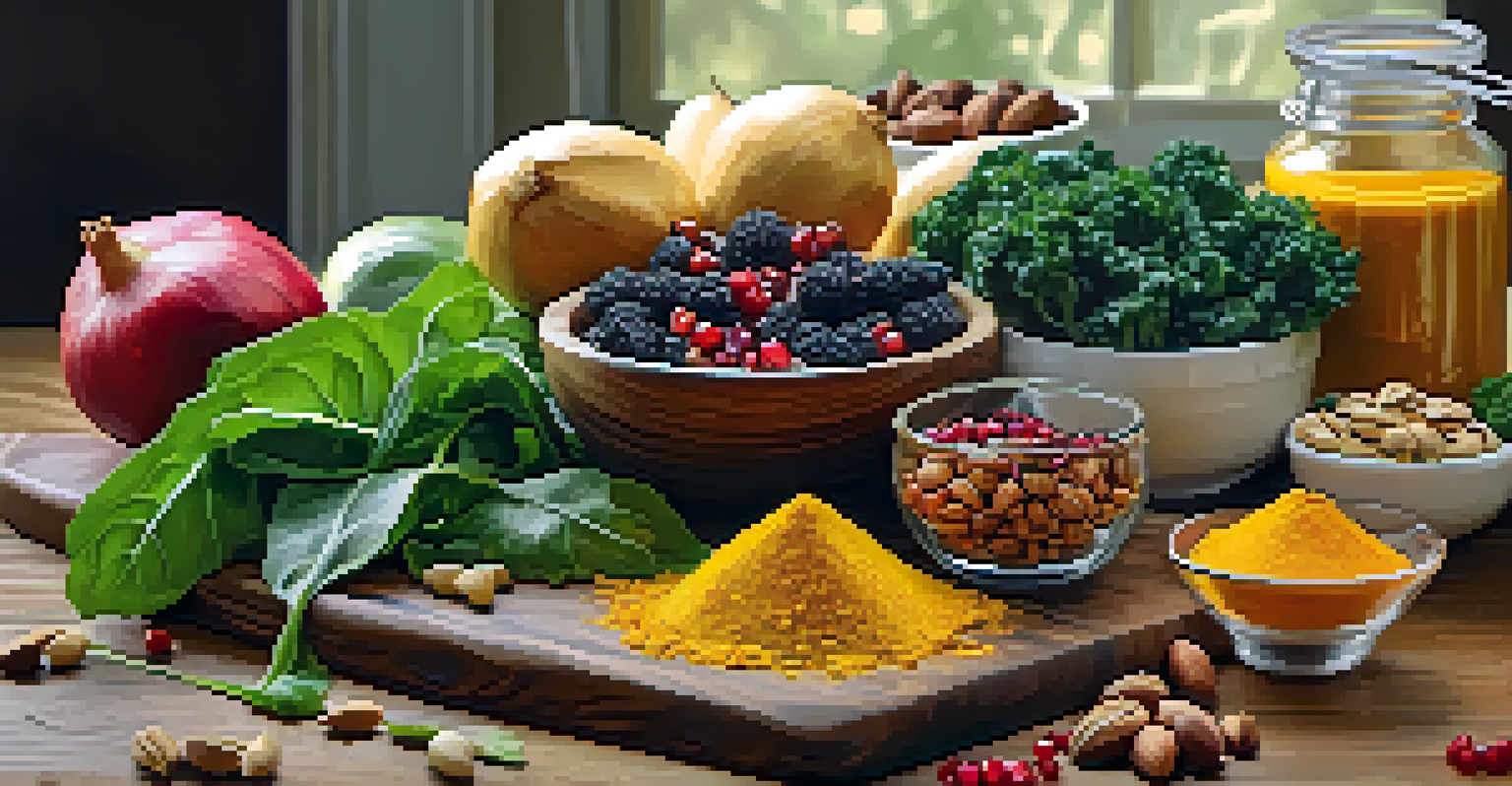 A cutting board with leafy greens, nuts, pomegranates, and turmeric powder arranged attractively.