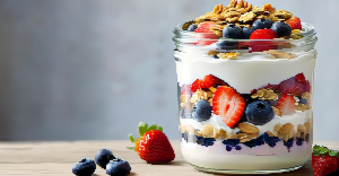 A glass jar filled with layers of colorful vegan yogurt, fresh fruits, and granola, set on a wooden table in soft morning light.