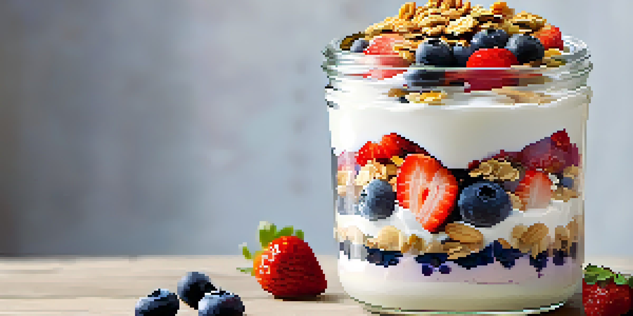 A glass jar filled with layers of colorful vegan yogurt, fresh fruits, and granola, set on a wooden table in soft morning light.