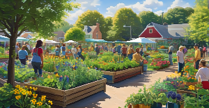 A lively community garden with diverse plants and people engaging in gardening activities, surrounded by pollinators in bright sunlight.