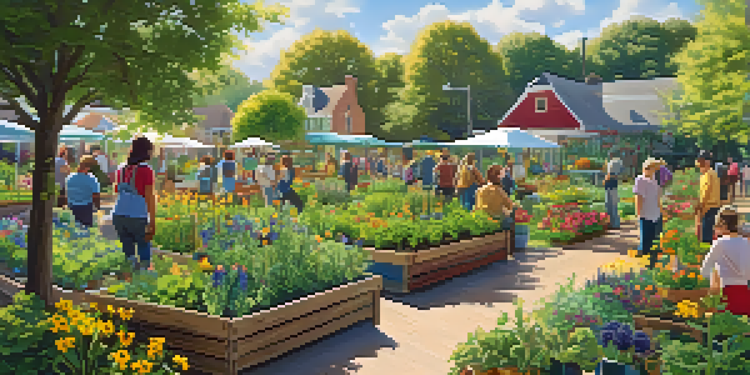 A lively community garden with diverse plants and people engaging in gardening activities, surrounded by pollinators in bright sunlight.