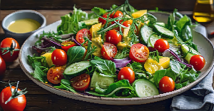A colorful vegan salad drizzled with mustard vinaigrette, surrounded by fresh herbs on a wooden table.