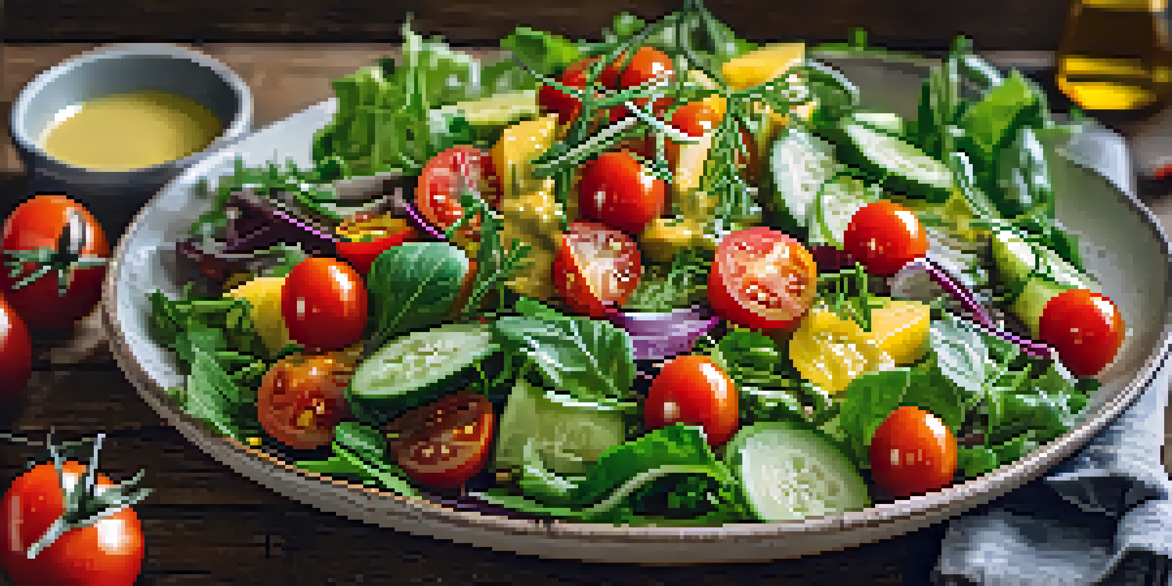 A colorful vegan salad drizzled with mustard vinaigrette, surrounded by fresh herbs on a wooden table.