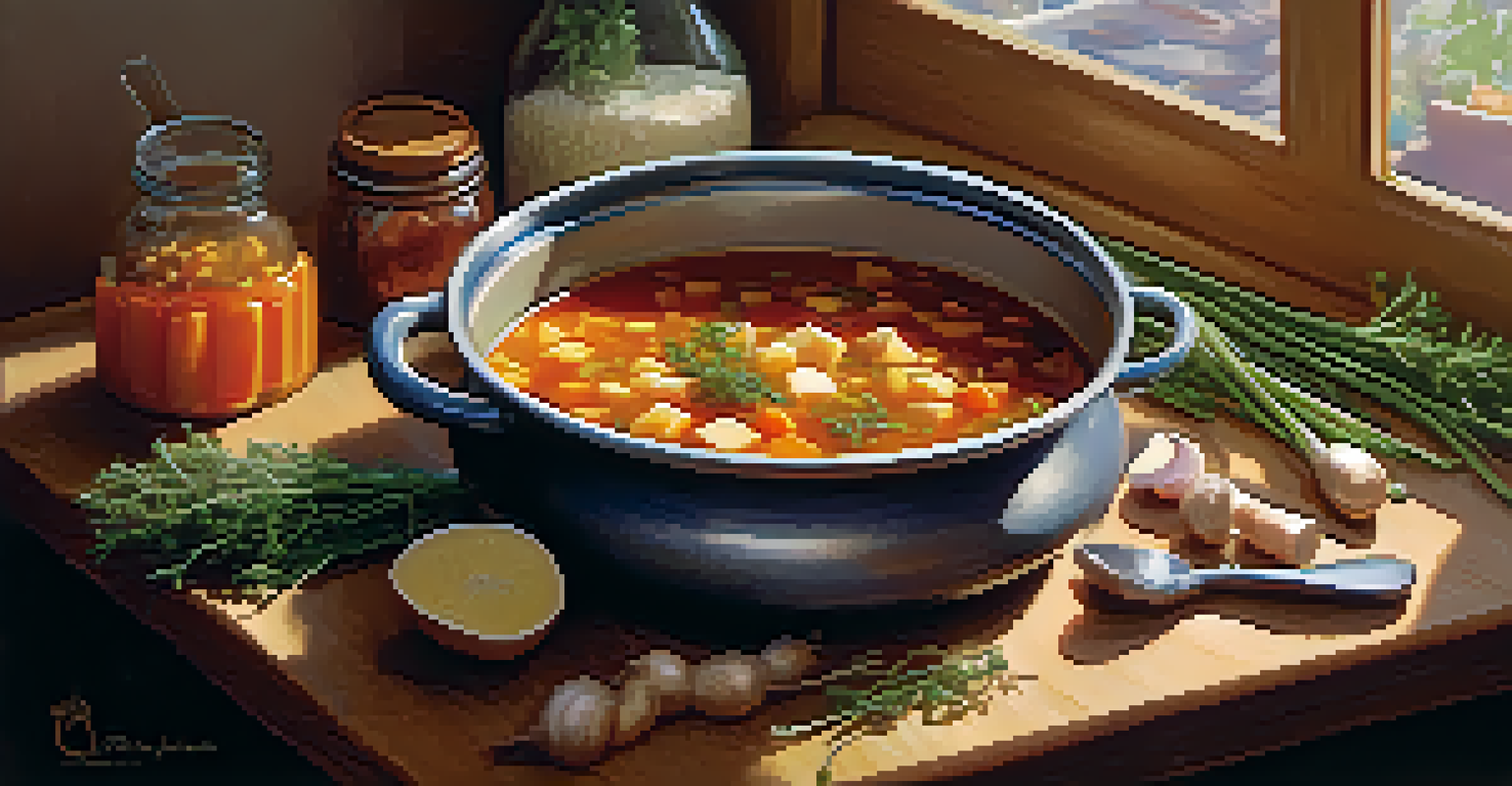 A pot of hearty vegetable soup with fresh thyme in a warm kitchen, illuminated by golden light from a window.