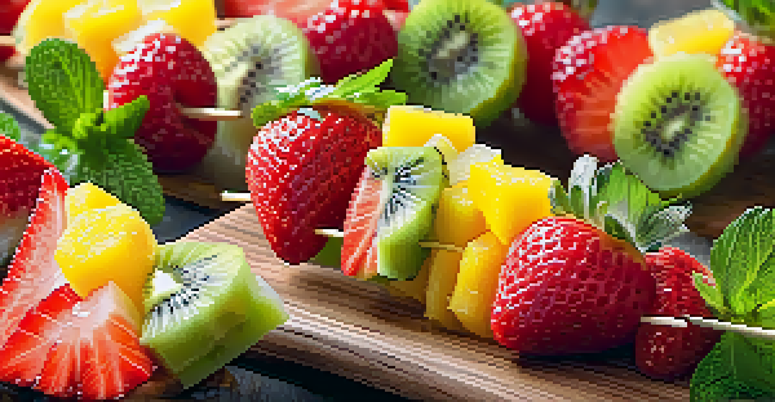 Vibrant fruit skewers with strawberries, pineapple, and kiwi, drizzled with citrus glaze, displayed on a wooden board.