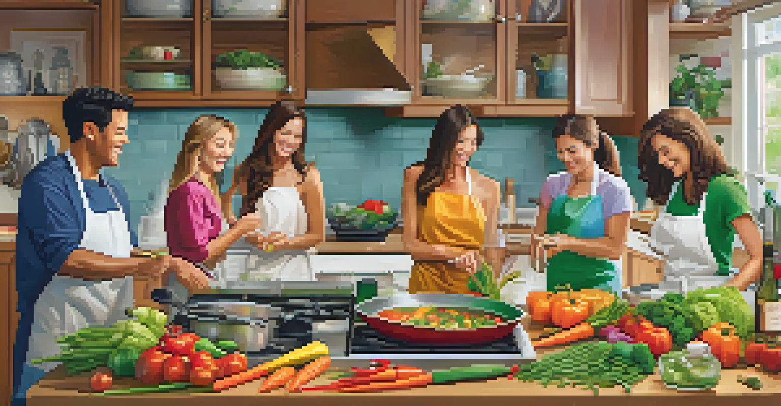 Friends cooking together in a modern kitchen, preparing a vegetable stir-fry with colorful ingredients.