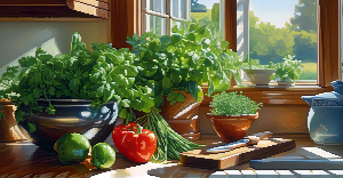 A colorful kitchen with fresh herbs in pots on a windowsill, sunlight streaming in, and a cutting board with chopped vegetables nearby.