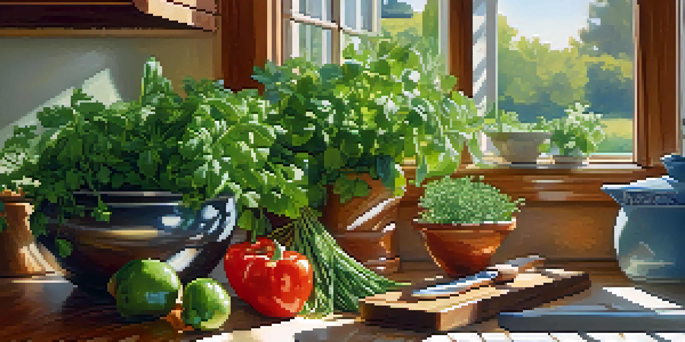 A colorful kitchen with fresh herbs in pots on a windowsill, sunlight streaming in, and a cutting board with chopped vegetables nearby.