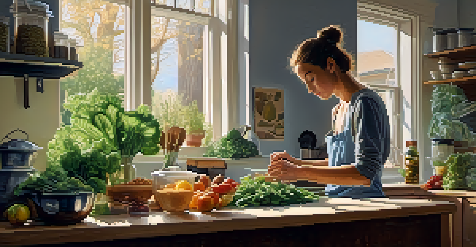 A kitchen with a person preparing a vegan meal, featuring whole foods like oats and greens, illuminated by soft morning light.