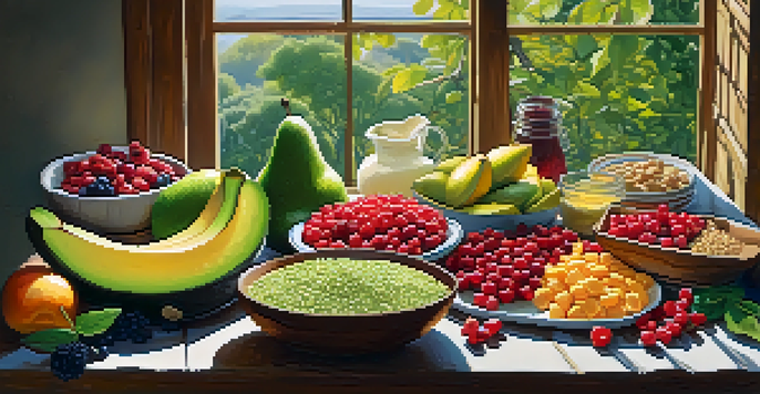 A colorful vegan meal with fruits, vegetables, and nuts arranged on a wooden table, illuminated by natural sunlight.