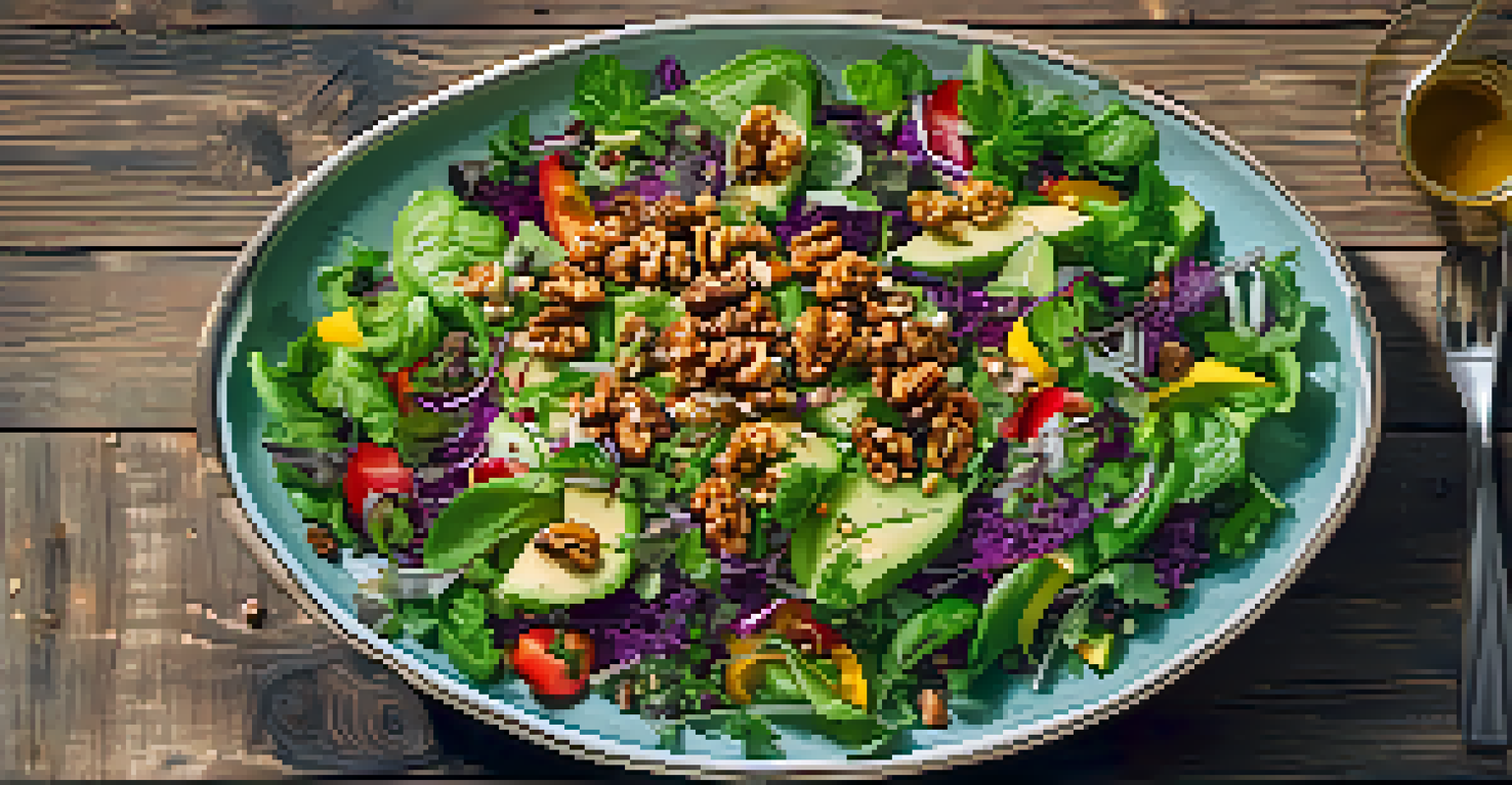 A vegan salad with roasted walnuts and colorful vegetables, beautifully arranged on a rustic wooden table.