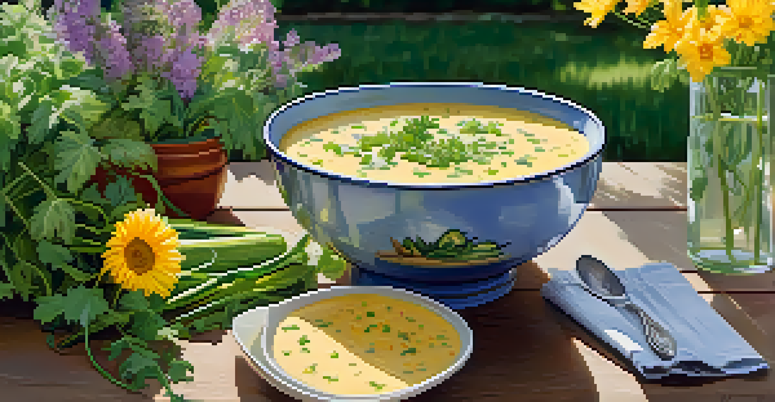 A bowl of zucchini and corn chowder topped with cilantro on an outdoor table surrounded by flowers and greenery.