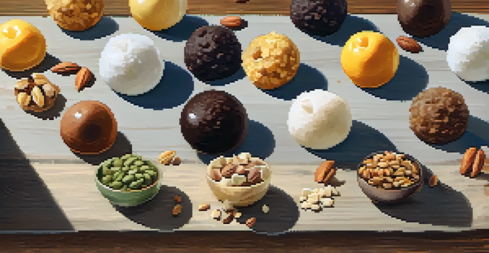 A wooden table displaying an assortment of colorful energy bites, with scattered oats and nuts in the background, illuminated by soft sunlight.