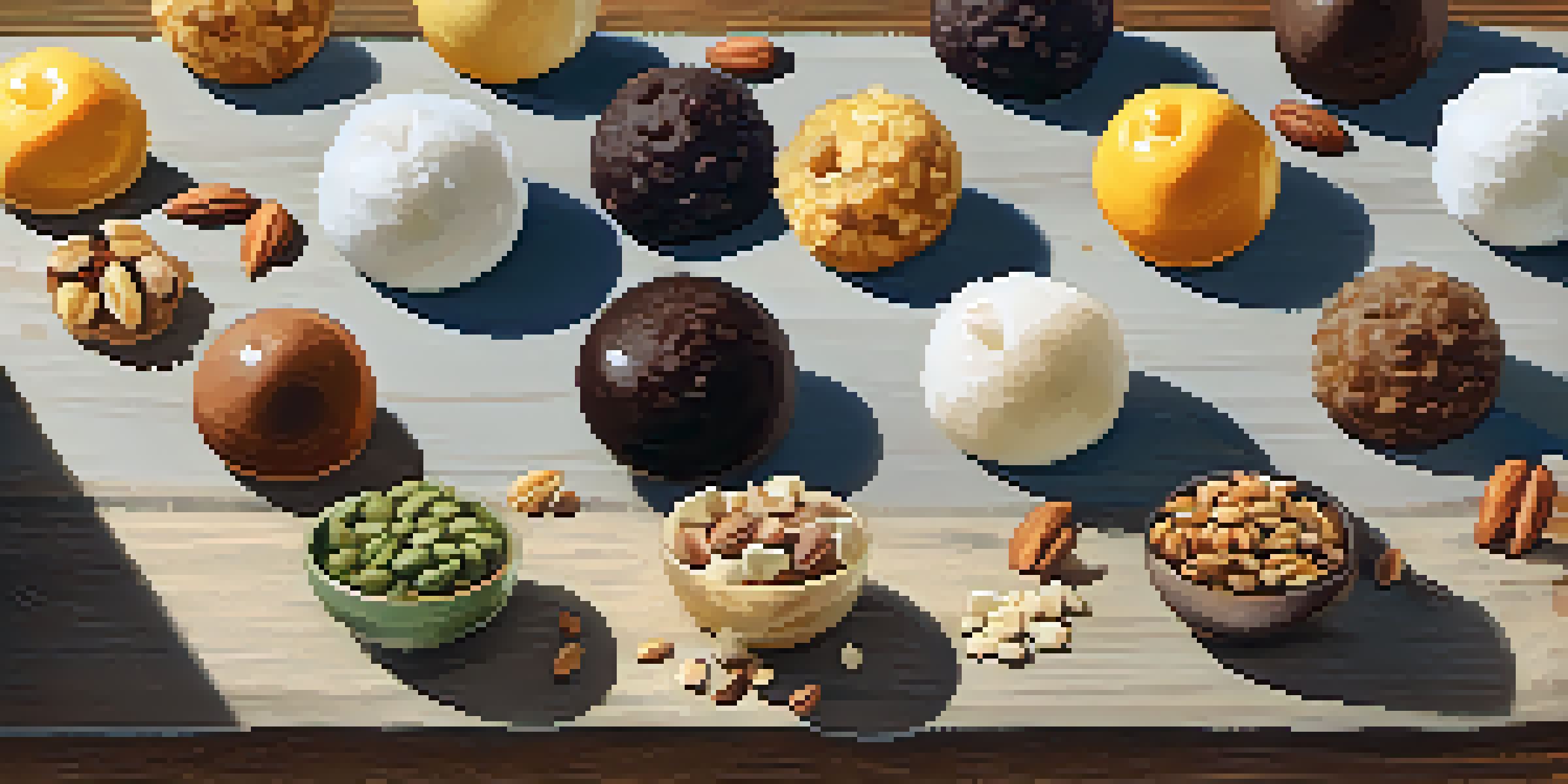 A wooden table displaying an assortment of colorful energy bites, with scattered oats and nuts in the background, illuminated by soft sunlight.