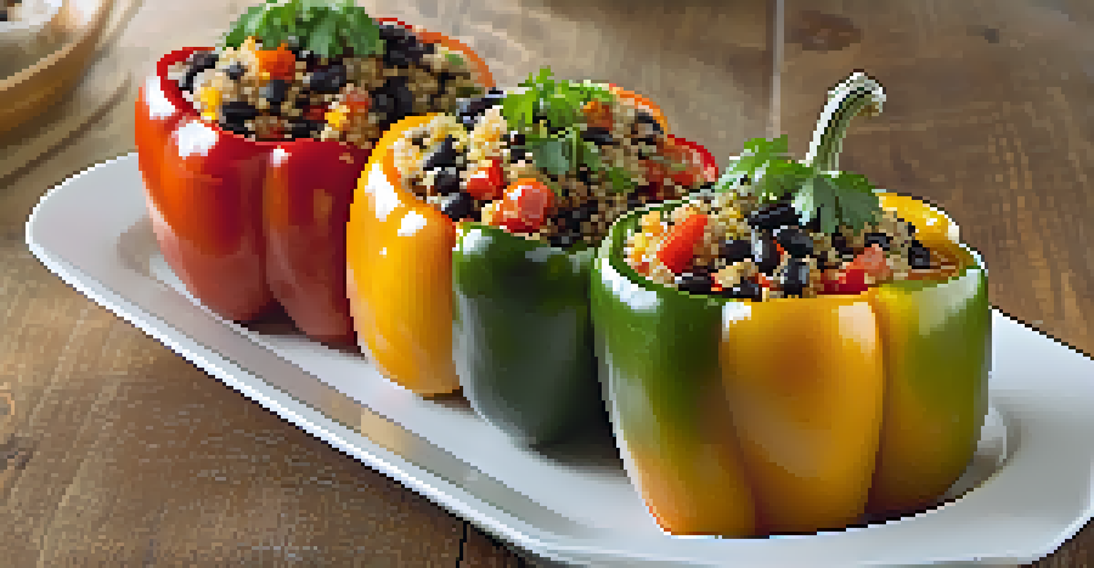 A plate of colorful stuffed peppers filled with grains and beans, garnished with parsley, presented in a warm setting.