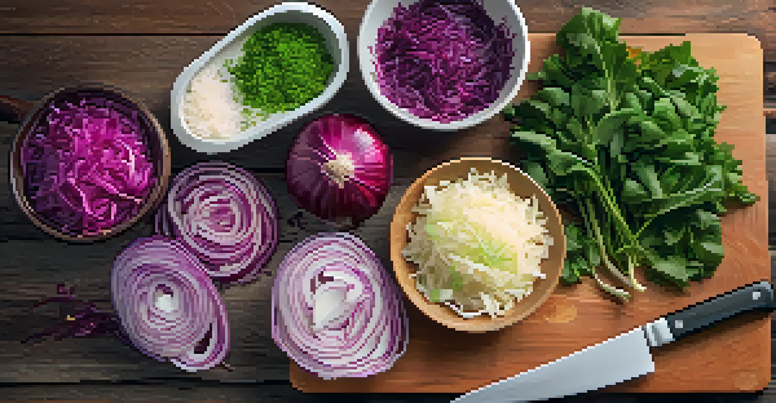 An overhead shot of a cutting board with shredded green and red cabbage, spices, and a rustic knife, set in warm lighting, depicting the preparation of sauerkraut.