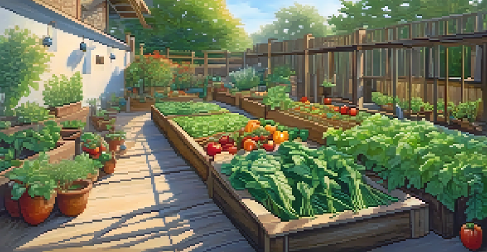 A vibrant vegan garden with colorful vegetables and herbs under warm sunlight, featuring raised beds, a trellis, and a watering can.