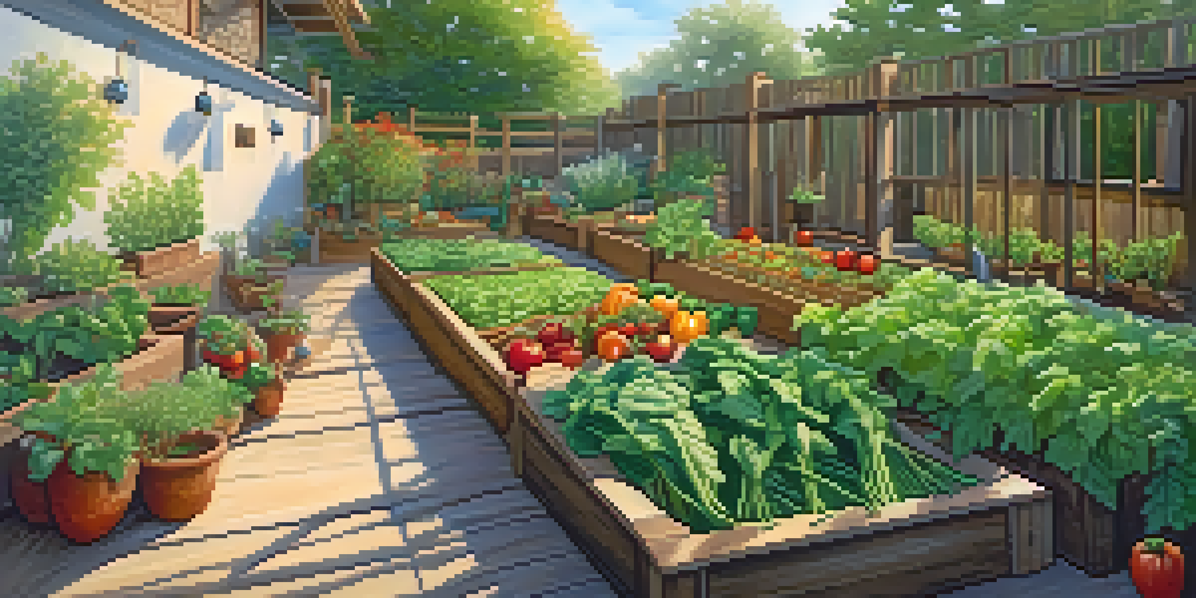 A vibrant vegan garden with colorful vegetables and herbs under warm sunlight, featuring raised beds, a trellis, and a watering can.
