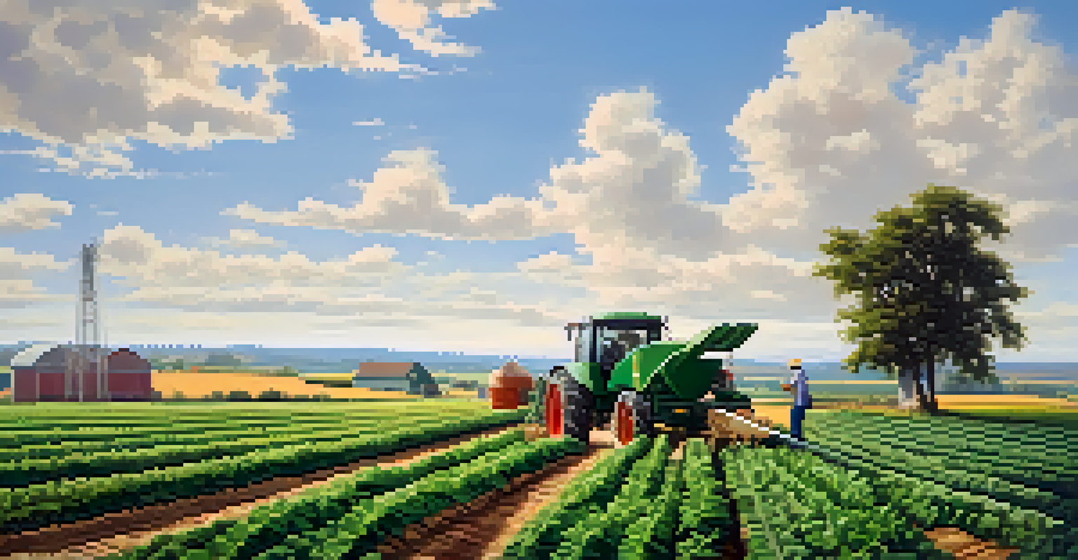 A lush green farm with rows of crops and a farmer harvesting vegetables under a bright blue sky.