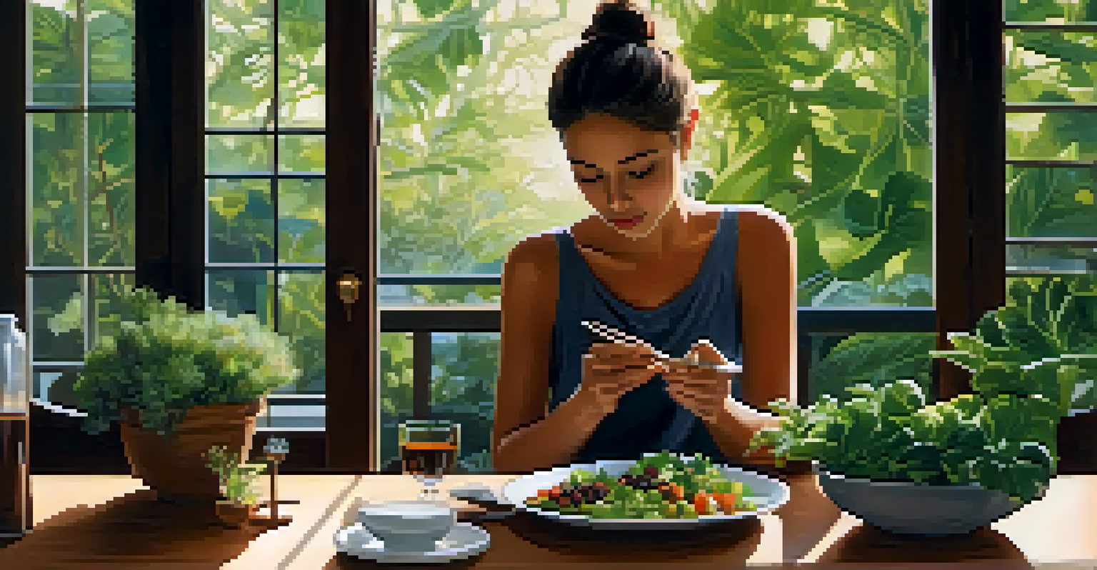 A person enjoying a plant-based dish at a cozy dining table, practicing mindful eating in a calm, green environment.