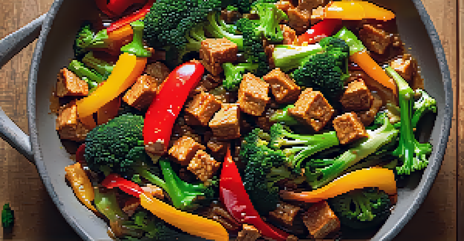 A vibrant stir-fry with marinated tempeh, bell peppers, and broccoli sizzling in a hot pan, showcasing a rich, nutty color with steam rising.