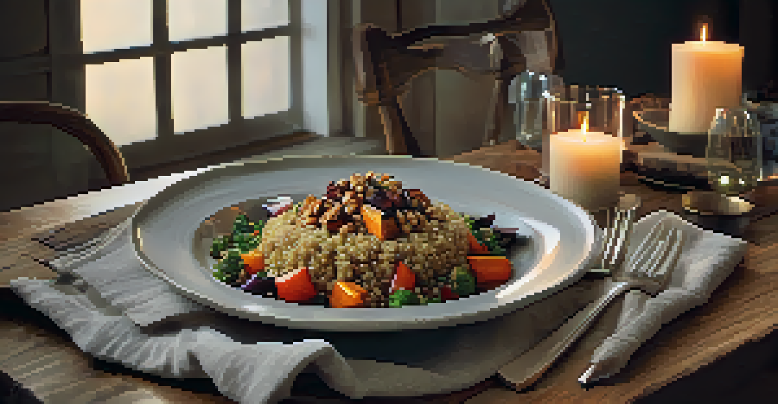 A cozy dinner setting with a quinoa bowl topped with roasted vegetables and walnuts, illuminated by soft candlelight on a rustic table.