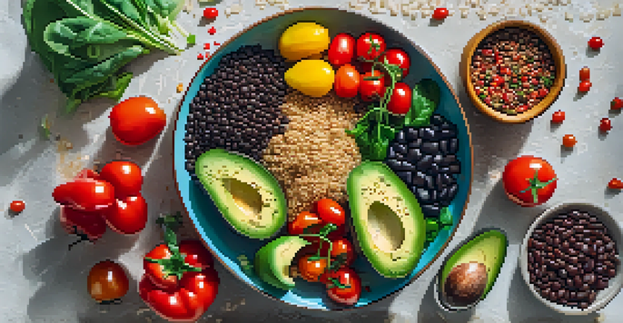 A colorful vegan meal with quinoa, black beans, and avocado, surrounded by fresh vegetables, presented in a flat lay style.