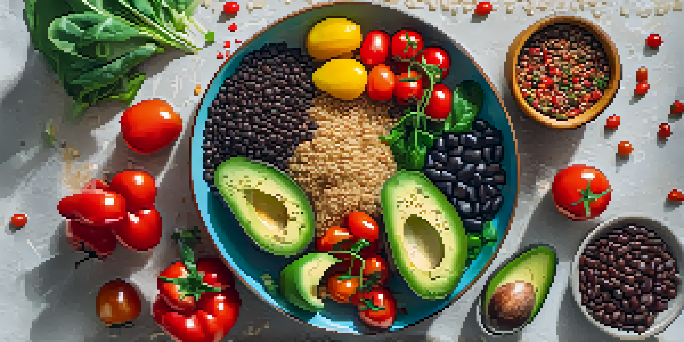 A colorful vegan meal with quinoa, black beans, and avocado, surrounded by fresh vegetables, presented in a flat lay style.