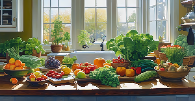 A bright kitchen filled with fresh fruits and vegetables, with sunlight streaming in as a person prepares a healthy plant-based meal.