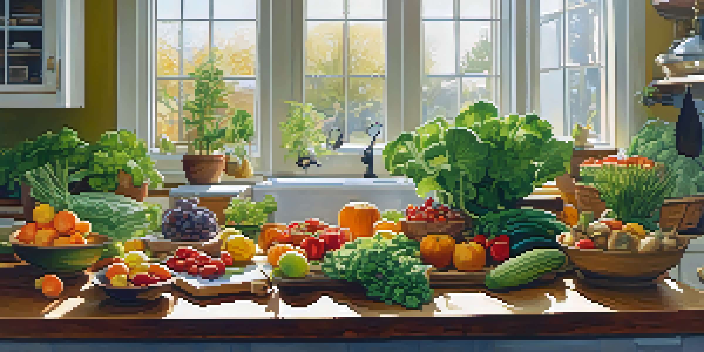 A bright kitchen filled with fresh fruits and vegetables, with sunlight streaming in as a person prepares a healthy plant-based meal.