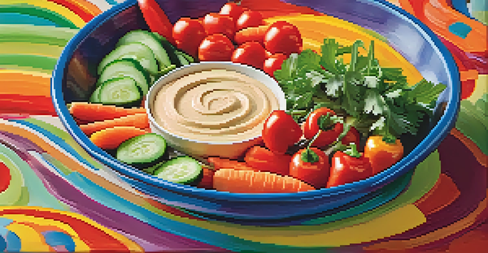 A colorful platter of fresh vegetables including carrots, bell peppers, cucumbers, and cherry tomatoes, with a creamy hummus dip, set against a blurred background.