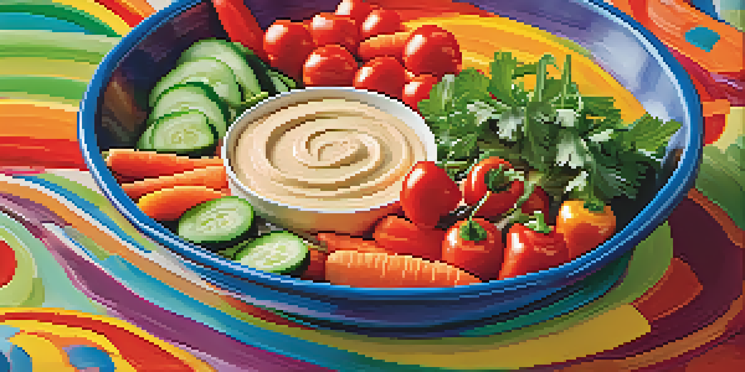 A colorful platter of fresh vegetables including carrots, bell peppers, cucumbers, and cherry tomatoes, with a creamy hummus dip, set against a blurred background.