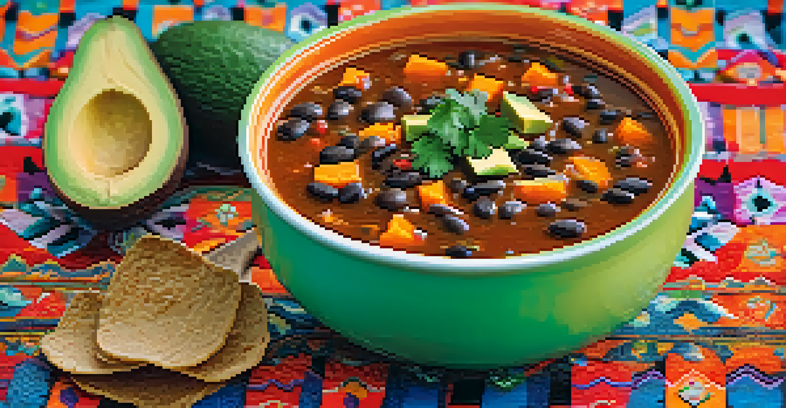 A bowl of spicy sweet potato and black bean soup garnished with avocado and cilantro on a colorful tablecloth.