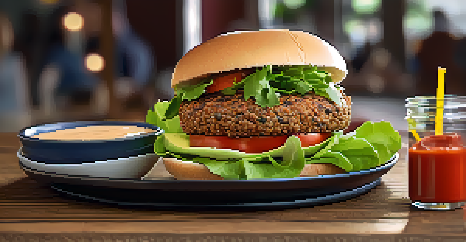 A delicious kidney bean burger with toppings on a whole-grain bun, served with sweet potato fries.