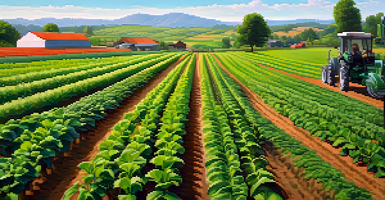A lush green farm with diverse crops under a blue sky, featuring a farmer tending to the plants, symbolizing sustainable agriculture.