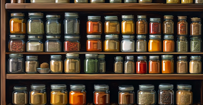 A spice rack displaying colorful jars of spices in a cozy kitchen setting.