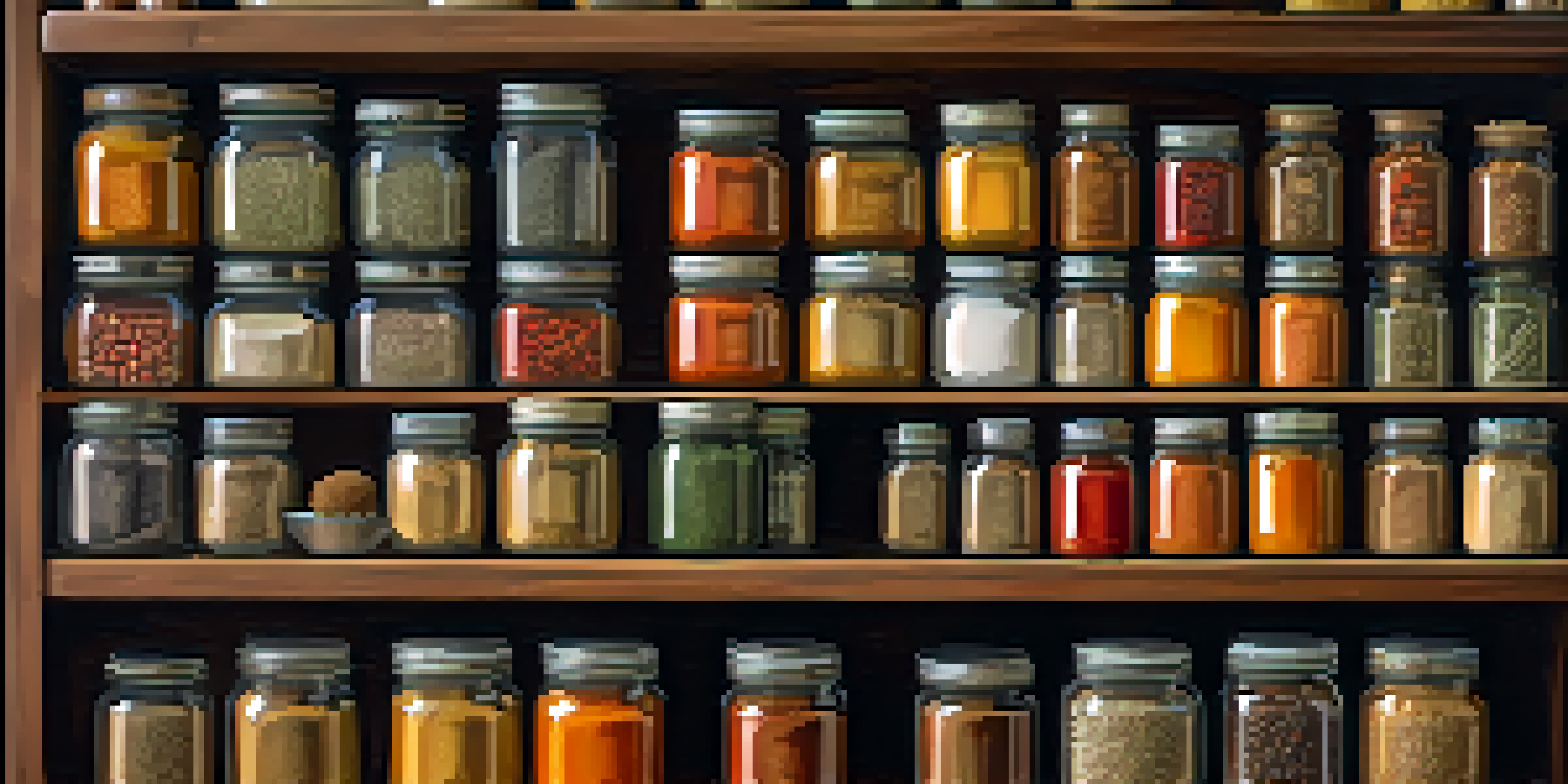 A spice rack displaying colorful jars of spices in a cozy kitchen setting.