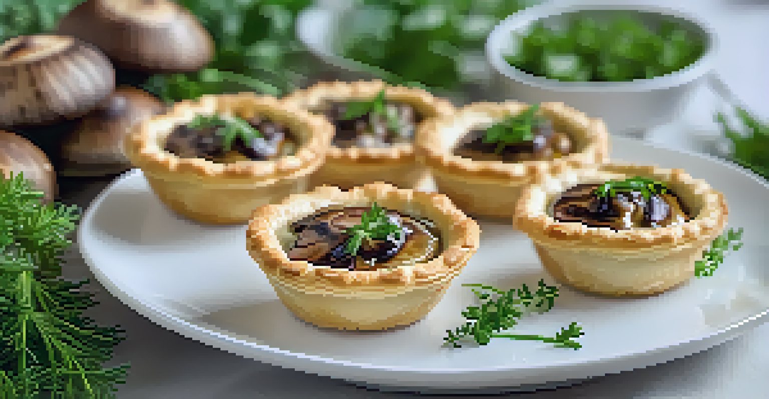 Savory mushroom tartlets on a white plate, garnished with herbs and presented elegantly.