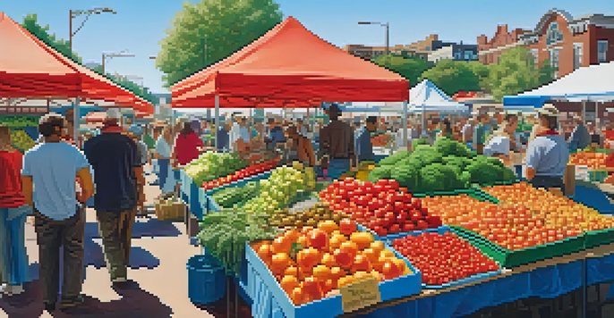 A busy farmer's market with colorful fruits and vegetables, featuring diverse people engaged in conversation and shopping.